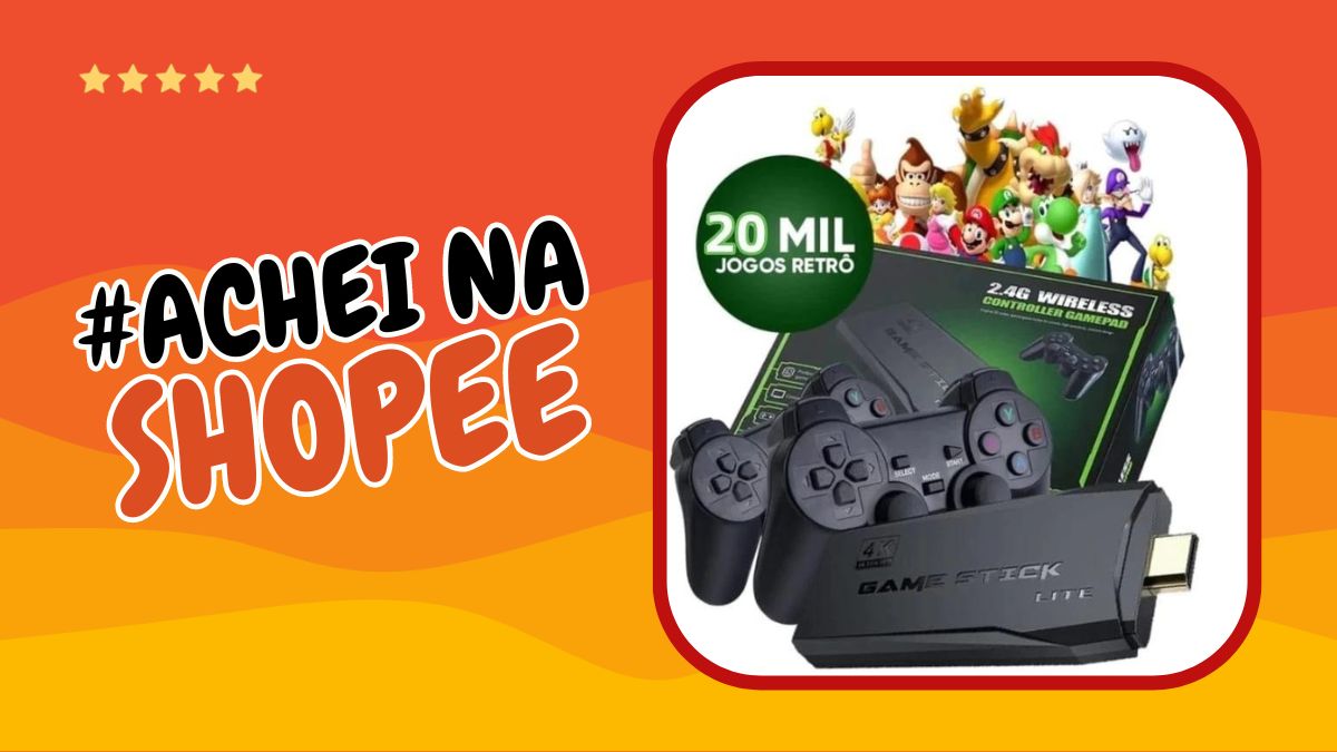 Game Stick 4K com 20000 Jogos Retrô e 2 Controles Sem Fio Achei na Shopee