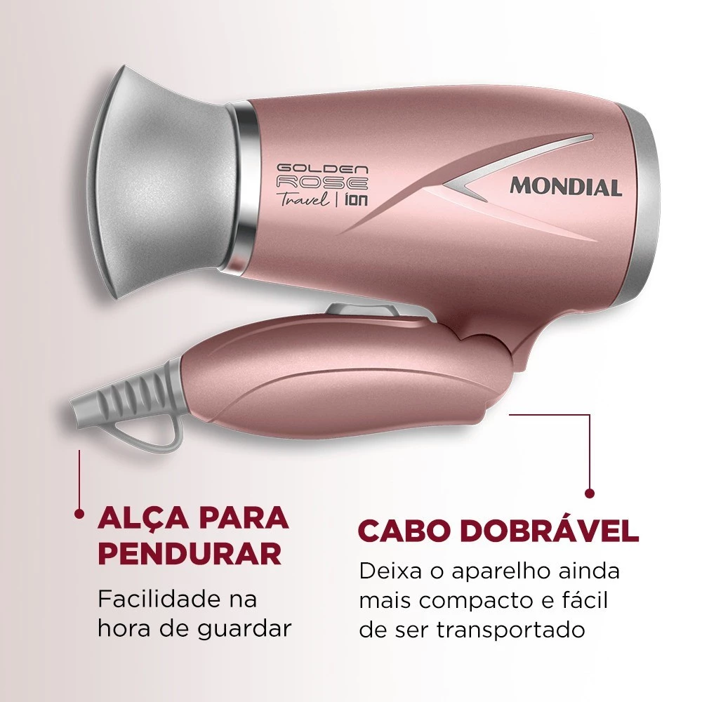 Melhor secador de cabelo para viagens - Secador de cabelo 1200W Golden rose travel SC-47-GR Mondial