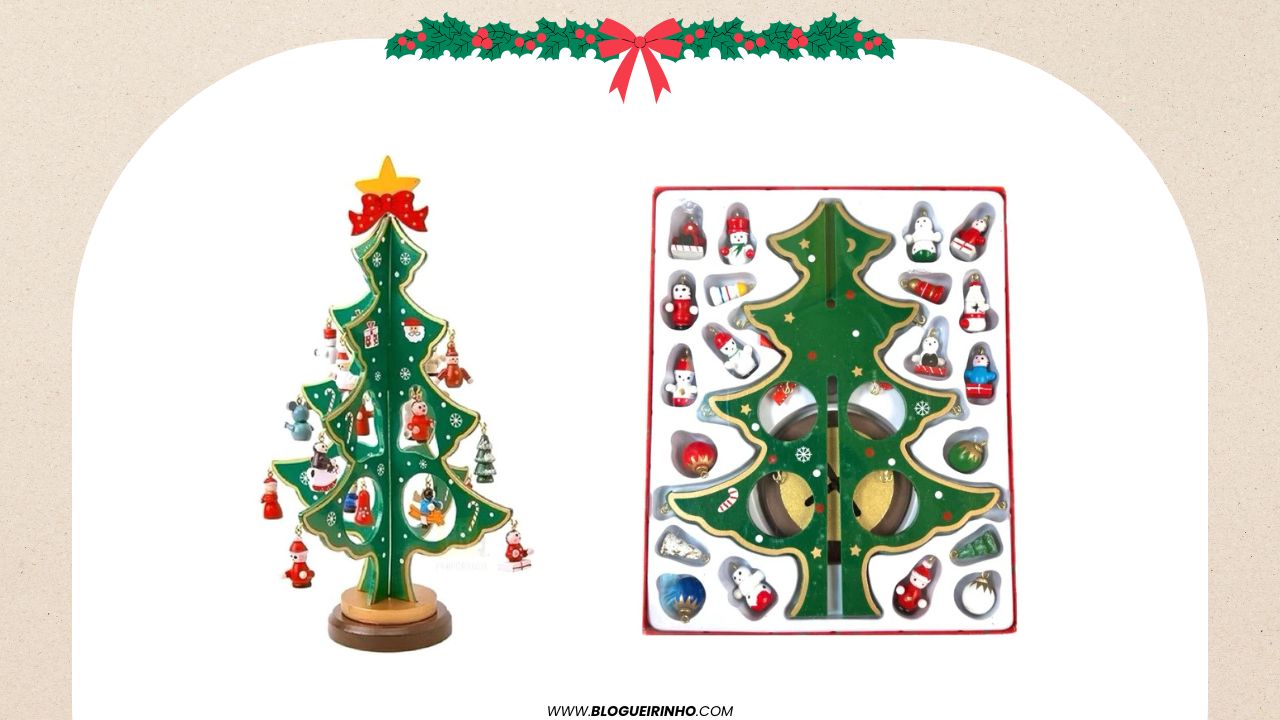 Melhor Mini Árvore de Natal em Madeira com 24 Peças para Decoração Achei na Shopee